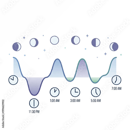 Infographic illustration of a sleep pattern chart with clock times and moon phases on a white background with a wavy blue and green line.