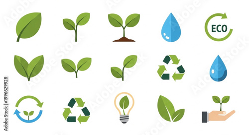 Eco friendly icons with green leaves.