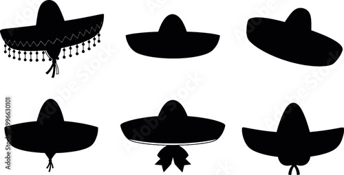 Sombrero hat silhouettes set traditional Mexican hats black shapes cultural costume accessories vector illustration collection