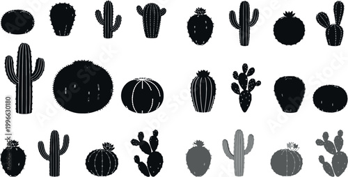 Cactus silhouettes set desert plants collection prickly pear and saguaro shapes black botanical vector illustration pack