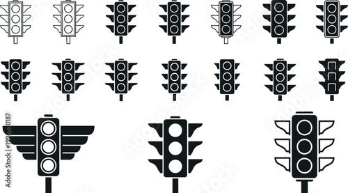 Traffic light icons set road signal silhouettes transportation control symbols urban safety elements vector illustration collection