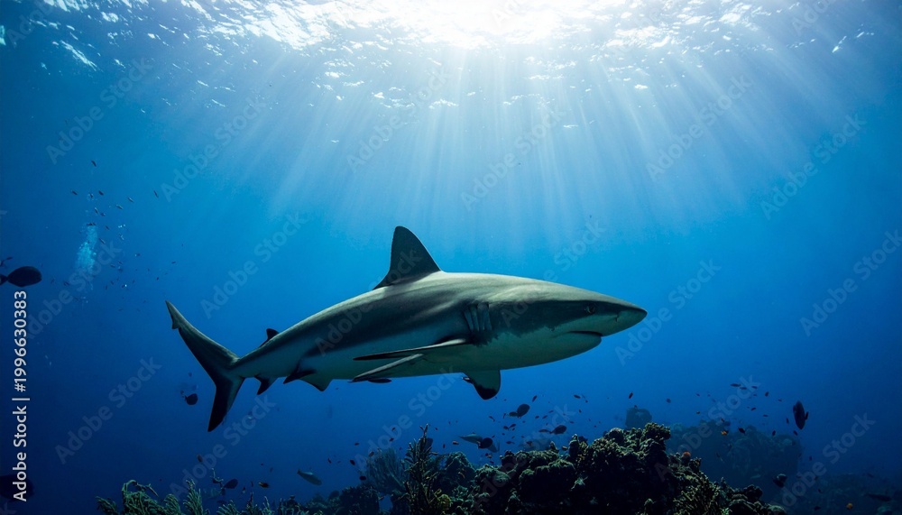 Obraz premium Shark swimming underwater with sunlight