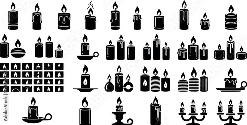 Candle silhouettes set burning wax candles collection flame light icons black shapes romantic decoration vector illustration pack