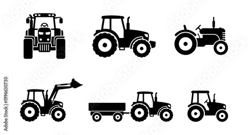 Schilderij op canvas Set of 6 Black Tractor Icons, Agricultural Machinery Vector Graphics, Farm Equip