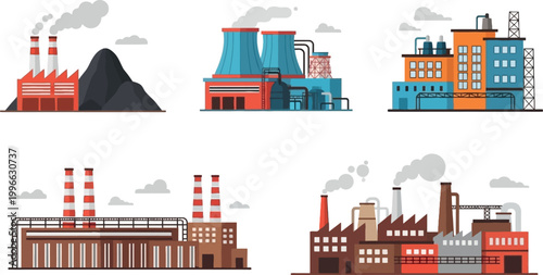 Industrial factory buildings set power plant refinery manufacturing industry architecture smoke pollution flat vector illustration collection