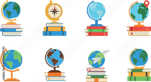 Geography education icons set globe compass travel map location symbols school learning elements flat vector illustration collection