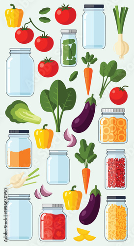 Fotografía Colorful illustration of various vegetables and jars