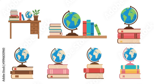 Education icons set books globe school elements learning knowledge study objects flat vector illustration collection academic design pack