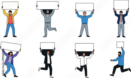 Collection of people holding blank protest banners diverse characters with placards demonstration activism illustration isolated flat design set