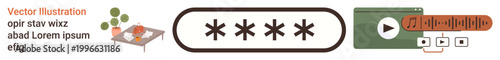 Cybersecurity, password management, digital media tools, content creation, workspace environments, online platforms. Password field with asterisks, a video player interface, and a workspace scene