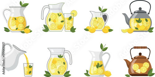 Lemon beverage collection with pitchers and teapots, fresh citrus drinks and summer refreshment vector illustration set