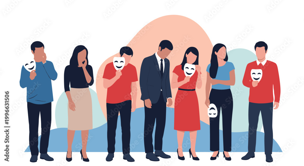 Fototapeta premium Diverse group of people standing together holding white theatre masks with happy faces to hide their true emotions.