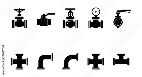 Fotografie Industrial Pipeline Fittings and Valves Silhouette Set - Water Oil and Gas Plumb