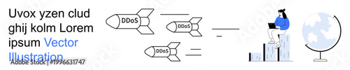 Cybersecurity, DDoS attacks, data protection, online threats, global connectivity, IT management. Rockets labeled DDoS and person analyzing data. Cybersecurity and DDoS attacks concept