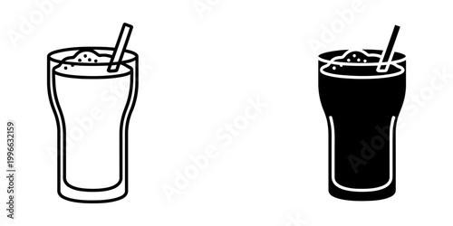 Smoothie glass with straw icon set with outline and filled black versions isolated on white background showing healthy organic milkshake or protein drink container for cafe menu and dietary design.