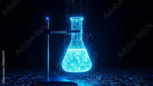 Glowing Digital Flask On Stand Illuminated With Blue Lights With Data Circuit Patterns Isolated On Dark Background Great For Science Technology Research Concept