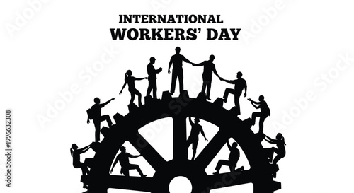 Diverse group of hardworking people climbing together on a large gear representing international workers day celebration
