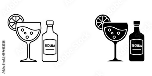 Tequila bottle and shot glass with lime slice icon outline and filled vector illustration design.