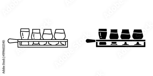 Set of four tasting glasses on tray icon outline and solid fill vector illustration elements.