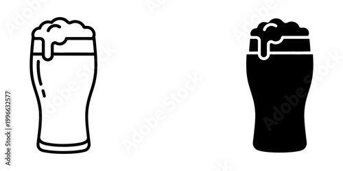 Beer glass icons in thin line and solid silhouette styles showing stout or ale drink with thick foam head on top perfect for pub menu design brewery branding and alcoholic beverage craft collection.