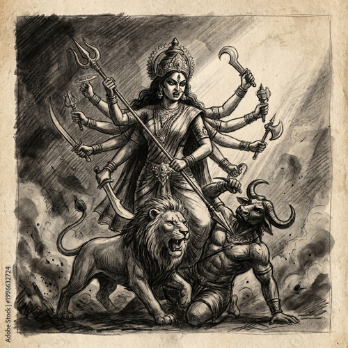 Detailed charcoal art drawing of Goddess Durga triumphant over Mahishasura
