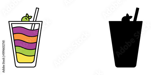 Rainbow layered cocktail icon featuring colorful smoothie glass with straw and fruit garnish for tropical drink menu and party beverage design including outline and solid black silhouette styles.