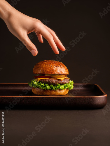 Hand reaching for fresh hamburger with lettuce, cheese, and tomato on sesame bun placed on dark tray, evoking hunger and desire