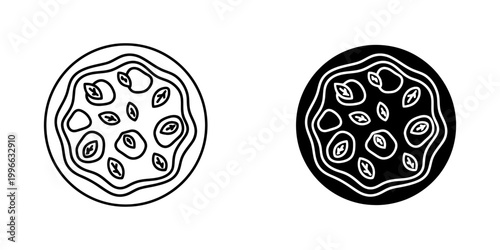 Margherita pizza icon set with basil leaves and mozzarella cheese for restaurant menu and italian food branding featuring thin line and solid black circle versions for packaging design concepts.