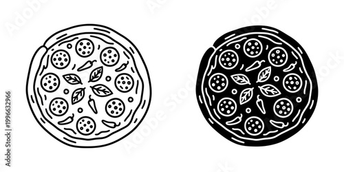 Pepperoni pizza icons in line and silhouette styles with salami chili peppers and basil leaves toppings round dough with spicy ingredients vector illustration for food service and menu branding.
