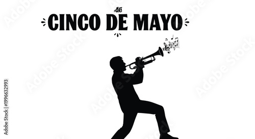 Silhouette of a man playing a trumpet with musical notes for a cinco de mayo celebration