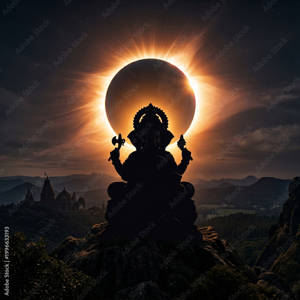 Fototapeta premium Silhouette of Lord Ganesha idol against a dramatic solar eclipse in the mountains 