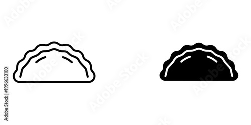 Calzone icon set with line and silhouette styles featuring stuffed pizza pocket with crimped edges and steam vents traditional italian pastry vector illustration for menu and food service apps.