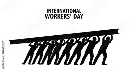 International Workers' Day concept with silhouetted laborers jointly carrying a heavy metal I-beam structure