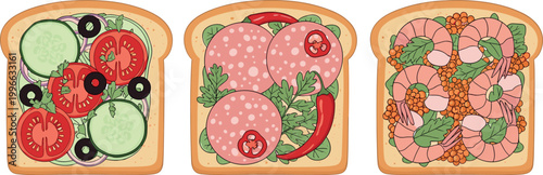 Colorful Cartoon Toast Slices Topped with Tomato Cucumber Olives Salami and Prawns