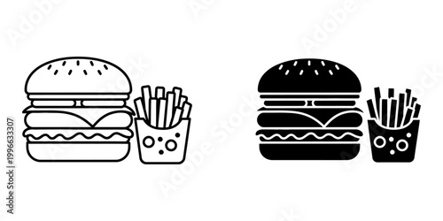 Burger and french fries icons set in outline and glyph style for fast food restaurant menu design featuring sesame seed bun with patty and vegetable layers next to cardboard box of crispy potatoes.