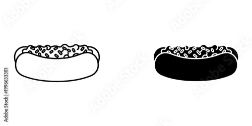 Hot dog icon set in outline and black silhouette style featuring bun with sausage and condiment toppings for street food stall labels and snack bar menus showing long roll with mustard and relish.