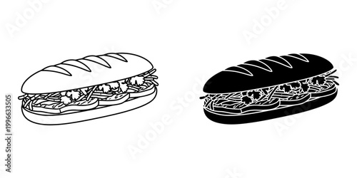 Banh mi icon with both outline and glyph style in a set, vietnamese baguette sandwich with various fillings such as seasoned meat, fresh herbs, pickled vegetables, and chili, cultural fusion cuisine.