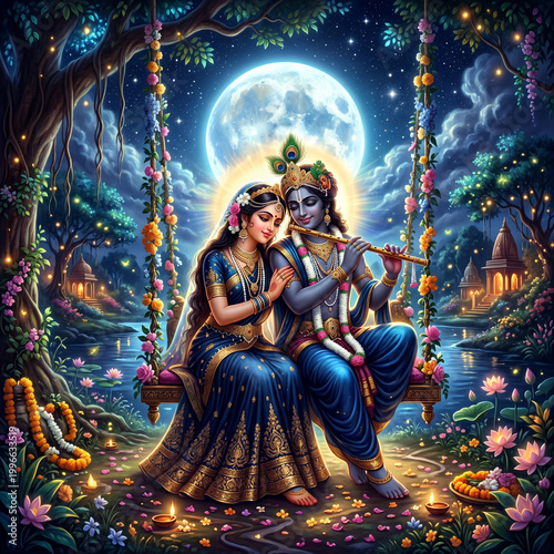 Divine Radha and Krishna sitting together on a floral swing under the full moon