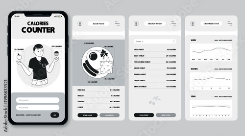 A mobile app onboarding screen with a calories counter interface and clean design layout for healthy lifestyle tracking and nutrition planning