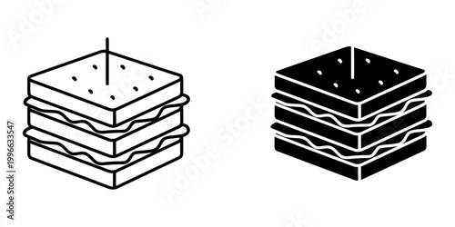 Club sandwich icon with both outline and glyph style in a set, classic layered sandwich with bread, meat, cheese, lettuce, and tomato, often served with a toothpick, popular diner food.