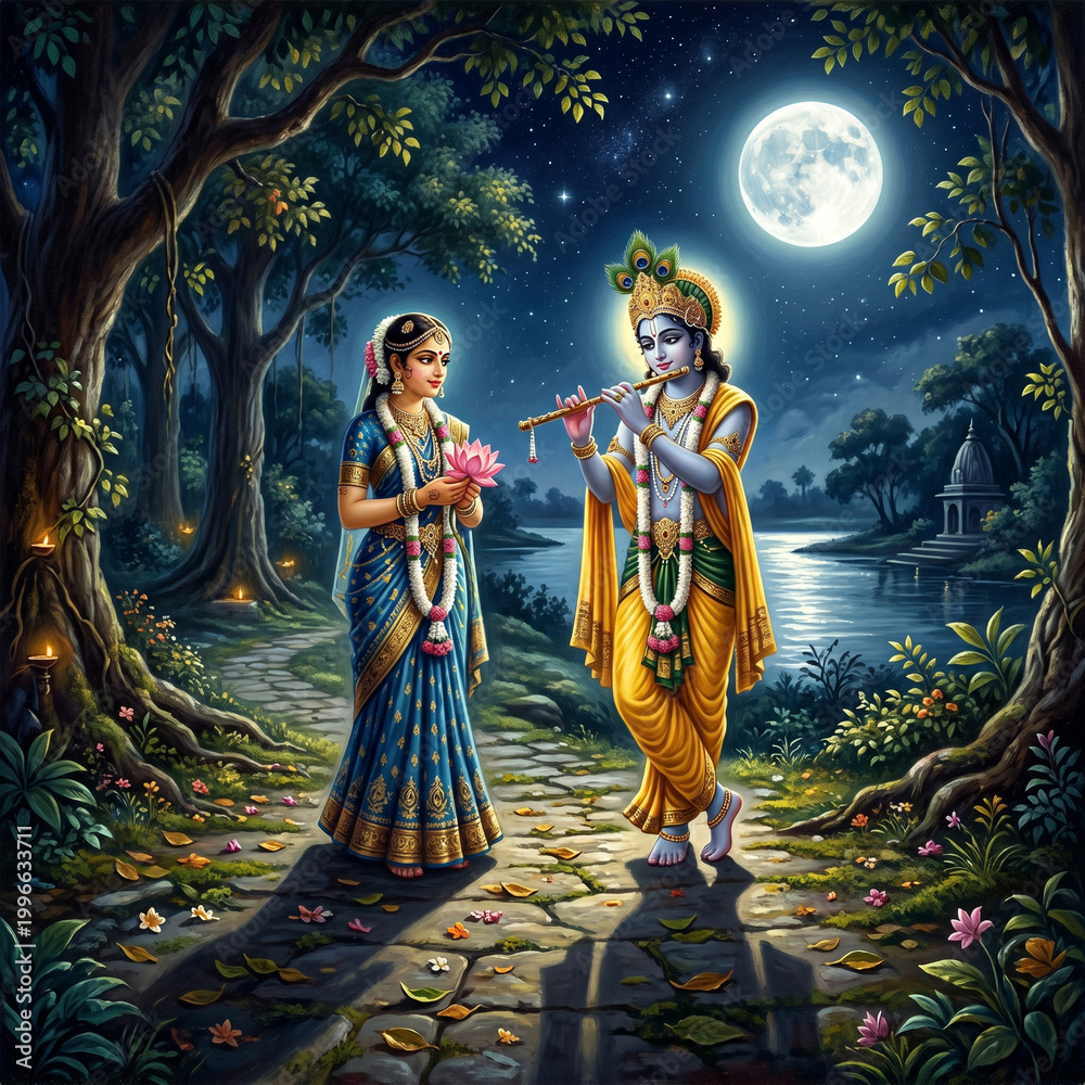 Fototapeta premium Lord Krishna playing flute with Radha in a serene moonlit forest path, spiritual Indian art
