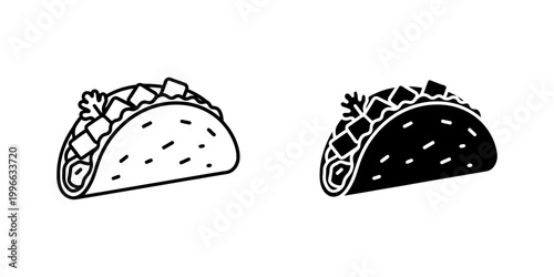 Taco icons set in outline and silhouette style for Mexican food and cuisine designs.