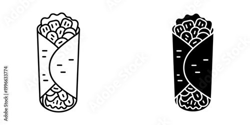 Burrito icons set in outline and silhouette style for Mexican food and cuisine designs.