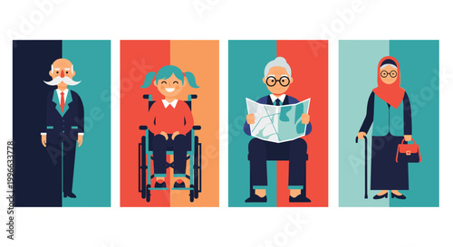 Portraits of diverse individuals from different generations and backgrounds shown in vibrant color blocked frames for social unity.