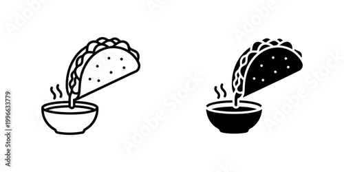 Taco dipping into soup icons set in outline and silhouette style for Mexican food and cuisine designs.