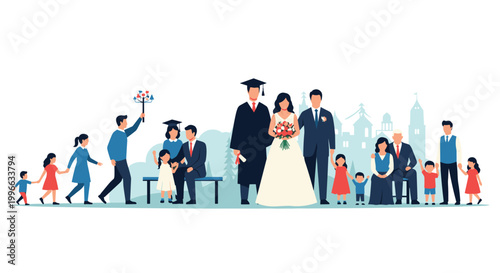 Illustration showing the different stages of life from early childhood and graduation to marriage, family, and peaceful old age.