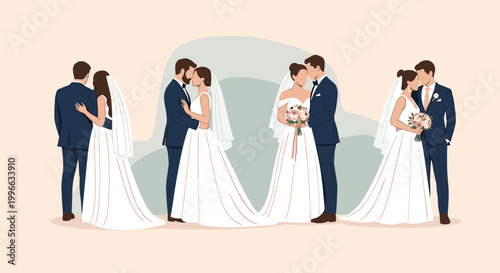 Collection of brides and grooms in various romantic wedding poses, celebrating their marriage in elegant white dresses and dark suits.