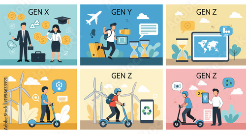 Comparative illustration highlighting the lifestyle characteristics and technological preferences of generation x, generation y, and gen z.