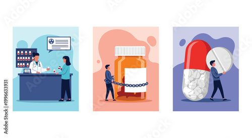 Healthcare scenes featuring a pharmacist at a counter, a man chained to a medicine bottle, and a person carrying a giant pill.