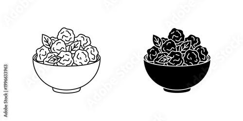 Bowl of fried meat or dough balls with garnish leaves icon in outline and solid versions for appetizer menus and restaurant branding featuring crispy round snacks in ceramic dish with herb detail.